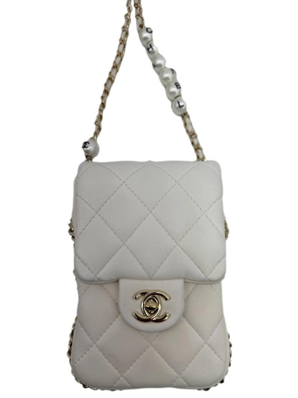 Chanel  Pearl Chain Quilted Lambskin Leather Phone Bag White